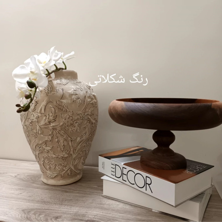 گلدان سفالی گل و مرغ کرم طلایی با خطوط اسلیمی