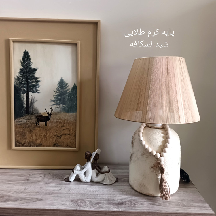 آباژور سفالی مدل فانوسی بلند پتینه با شید نخی